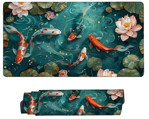 Mauspad XXL 900 x 400 mm Gaming Mousepad mit Vernähte Kanten - Mouse Pad rutschfest - Mauspad für PC mit glatter Oberfläche, Mousepad Lotus Pond Koi, Maus Pad für alle Maustypen, Zubehör für Büro a304