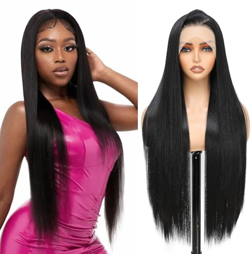 Yacurcur 13x6 Lace Frontal Wig Long Straight Wigs Pre-Plucked Hairline with Baby Hair Transparent Lace Synthetic Front Straight Wigs for Girls Daily Party Use 30 Inch (1B)