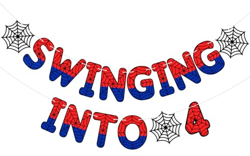 TaoBary Spider Theme 4th Birthday Banner, Pre-strung Swinging into 4 Banner, Spider 4th Birthday Decorations Party Supplies for Kids, Fourth Decor for 4 Year Old Boys Girls (Red and Blue)