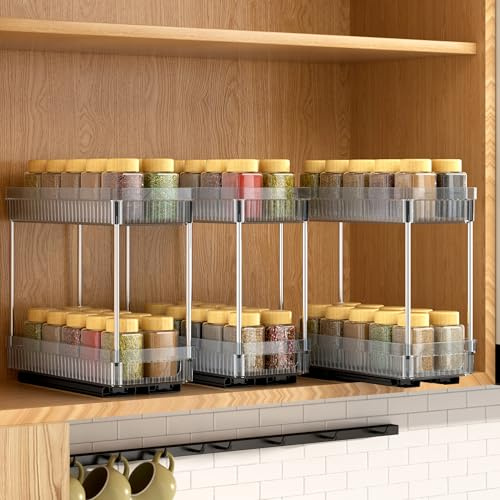 DABIGE 3 Pack Pull Out Spice Rack Organizer for Cabinet, 2 Tier Slide Out Spice Racks Organizer, Spice Cabinet Organizers, Cabinet Size Need:12'' High x 11'' Deep x 5'' Wide, Clear Acrylic