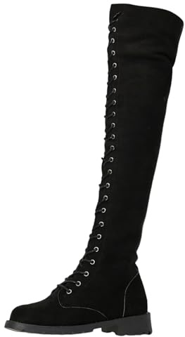 2026 Damen-Stiefeletten, modisch, Herbst, Winter, Overknee, Schnürung, flach, niedriger Absatz, einfarbig, Wildleder, Schwarz , 39 EU