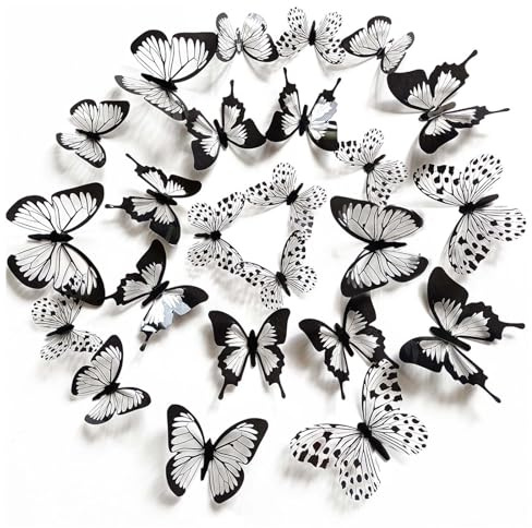 FUFUQUARE 12PCS Simulation Butterfly Wall Stickers 3D Black and White Wall Art Decals Vinyl Removable for Kids Nursery Living Room Bedroom Home Decor