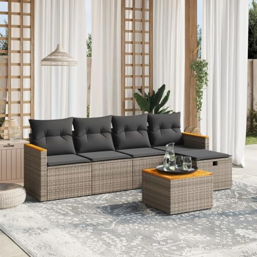 LoogCape Ensemble de 6 meubles de jardin en polyrotin gris avec coussins - Groupe de sièges d'extérieur modulaires pour terrasse, balcon et véranda