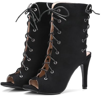 Botines de tacón alto con cordones y puntera abierta para mujer, sandalias de gladiador informales, Black, 37 EU