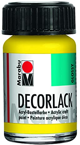 Marabu 11300039019 - Decorlack Acryl Gelb 019, 15 ml, hochglänzender Acryllack auf Wasserbasis, wetterfest, speichelfest, zum Malen, Schablonieren und für Serviettentechnik