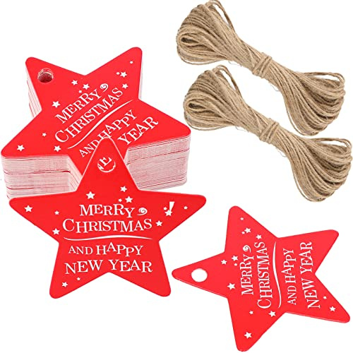 G2PLUS Rot Stern Merry Christmas Geschenkanhänger mit Schnur: 6 cm | Stern Papier Weihnachtenanhänger, Weihnachten Etiketten zum Adventskalender und Weihnachtsgeschenke Deko