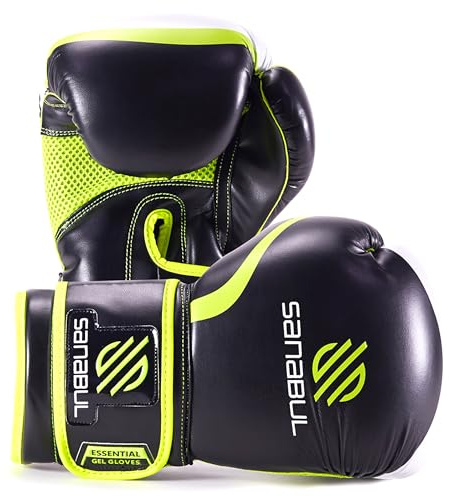 Sanabul Essential Gel Boxing Gloves for Men & Women, Kickboxing MMA, Muay Thai Gloves and Heavy Bag Training Punching & Sparring, Black/Green 12 oz