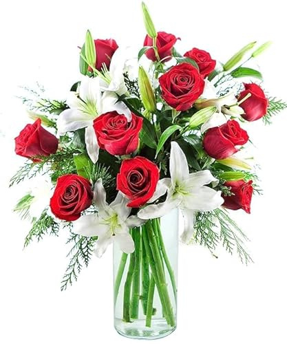 KaBloom - Holiday Special Bouquet of Red Roses and White Lilies With Vase - Fresh Flowers for Birthday, Valentine's & Mother's Day