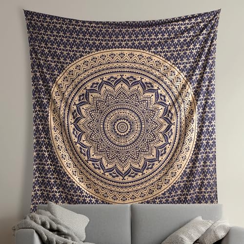 THE ART BOX Indie Wandteppich Baumwolle Mandala Wandbehang Deko Teppich Aesthetic Room Decor Dekoration Wandtuch/Strandtuch Wohnzimmer Indische Tücher Schlafzimmer, Gold und Schwarz, 210x230 Cm