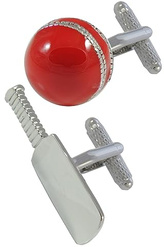 Cufflinks for Men + Presentation Box - Cricket - Cricket Bat and Ball | Brass Metal - Field Pitch Wicket Captain Umpire - Silver and Red Colour - One Pair
