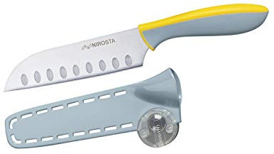 Nirosta Coltello Santoku 13-25 cm Eversharp, manico antiscivolo, lama in acciaio CCR+ molto affilata con custodia protettiva e affilatrice, colore grigio e giallo, 1 pz.