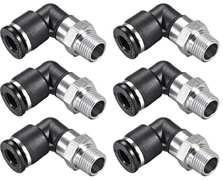 sourcing map Conector Manguera, Racor Neumatico de Codo Enchufable, Tubo de 6mm Diámetro Exterior x 1/8 NPT Macho, Adaptador Manguera Tubo, Enchufe Rapido Neumatico, Negro 6 Piezas
