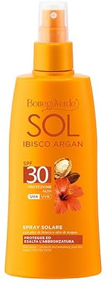 Bottega Verde, SOL Hibiskus Argan - Sonnenspray - schützt und verbessert die Bräune - mit Hibiskusöl und Arganöl - Hoher Schutz SPF30 (200 ml) | Schützt und verbessert die Bräunung, mit Hibiskusöl und Arganöl, wasserfest