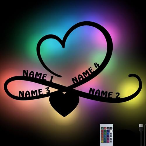 Namofactur personalisiertes Familien-Unendlichkeitszeichen mit RGB | Mit vier Namen oder Datum – USB, Fernbedienung und optionales Netzteil sowie Farbauswahl für Wohnräume