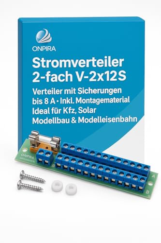 ONPIRA® Stromverteiler 2-fach V-2x12S – Verteiler mit Sicherungen bis 8A – Inkl. Montagematerial – Ideal für Kfz, Solar, Modellbau & Modelleisenbahn