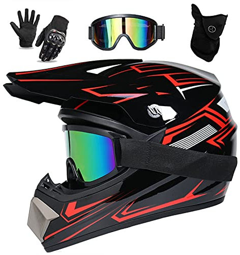 UIGJIOG Downhill Motorradhelm Kinder, Helm Set Herren ATV Motorradhelm D.O.T Zertifizierter Helm Mit Brille Handschuhe, Integralhelm MTB Inklusive 4 Größen Helmfutter,A