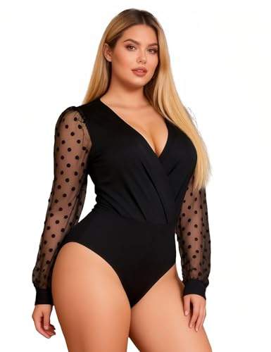 ohyeahlady Women's Bodysuits Elegant Lace Black Bodysuit V-Neck Mesh Polka Dot Long Sleeve Leotard Tops Body Suit Ladies Going Out Tops UK 10-12