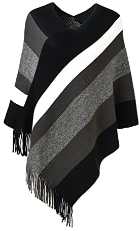 Ferand Damen Gestreifter Poncho Pullover Vielseitiger Schal zum Wickeln mit Fransen für Herbst und Winter - One Size - Schwarz & Grau