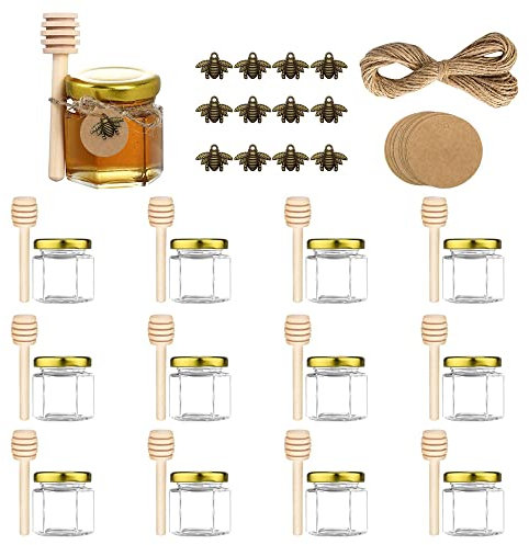 ComPDCVD 12 Stück Hexagon Mini Glas Honiggläser 45 ml Marmeladengläser mit goldenen Deckeln, Holzlöffel, Kraftpapier Etiketten, Bienenanhängern, Jute für Geschenke und Hochzeitsgeschenke