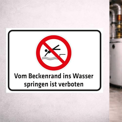 INDIGOS UG - Schild Vom Beckenrand ins Wasser springen ist verboten - 200x150 mm - Hinweisschild Warnschild Sicherheitsschild - Aluverbundplatte 3 mm - für Innen und Außen