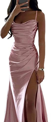 ORANDESIGNE Robe de Soirée Longue Femme en Satin sans Manches Dos Nu Fendue Couleur Unie élégante Robe Maxi Bretelles Spaghetti Fendue Bal Mariage Cocktail Party Dress A Rose S
