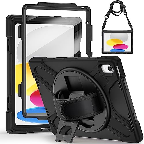 Gerutek Funda Anticaída para iPad (A16) 11ª/10ª Generación (2025/2022), 11/10,9 Pulgadas, Funda Resistente con Protector de Pantalla, Soporte 360° Giratorio, Correa de Mano/Hombro, Portalápiz, Negro