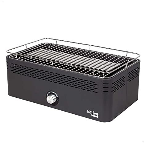 Aktive - Barbacoa Portátil a carbón recargable a pilas sin Humo Negra rectangular, Protección antigoteo, Medidas 45x28x19cm, Incluye bolsa de transporte, parrilla terraza, balcón (63004)
