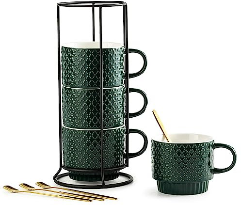 LYEOBOH Coffee Mug Set Porcelain Stackable Coffee Mugs with Stand and Spoons, 13 OZ. Cappuccino Cup Demitasse Cups for Drinks, Espresso, Latte,Set of 4, Dark Green