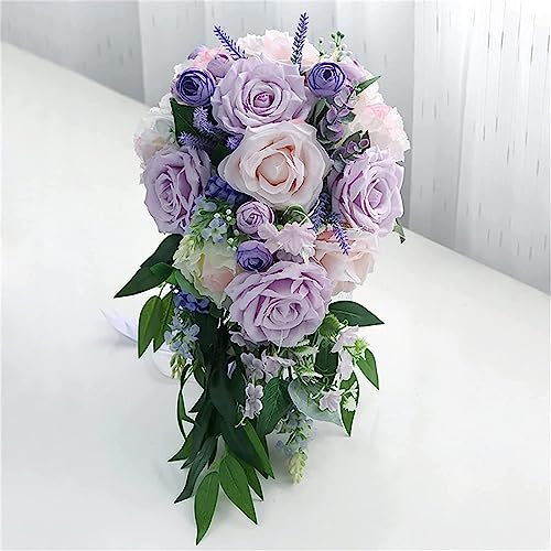 Tkasniy Künstliche lila Rosen-Hochzeitssträuße für die Braut, handgefertigte Brautsträuße für die Hochzeit, Braut-Tropfenstrauß für die Hochzeitsfeier-Dekoration, Lila