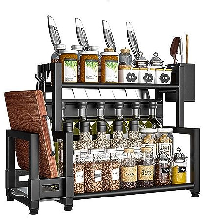 Gewürzregal Stehend 2 Etagen Großes Fassungsvermögen Lagerung Küchenregal,Metall Rostfrei Organizer für Arbeitsplatte Aufbewahrung mit Utensilienhalter,Schneidebretthalter, mit 6 Haken,Schwarz