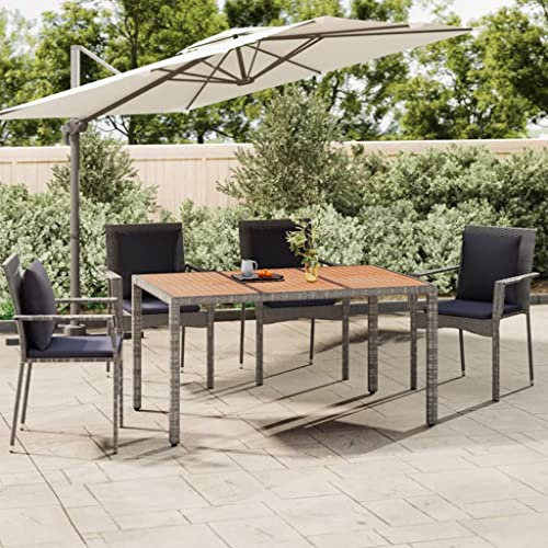 AUVYI Mesa de jardín con tablero de madera gris de polirratán y madera maciza de acacia, 150 x 90 x 75 cm, mesa de comedor, balcón, mesa auxiliar pequeña, mesa auxiliar para exteriores, mesa de