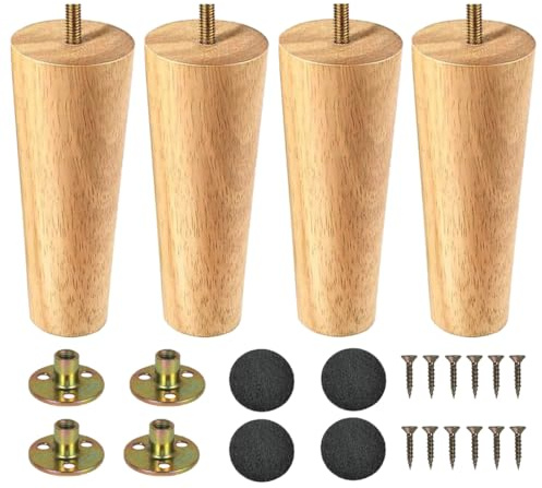 LCOUACEO Möbelfötter, träbordsben, 4 stycken, koniska möbelben, ersättning 15 cm, sofffötter, träben för möbler, skåp, ben, skåpfötter med monteringsplatta, gummikuddar för bord, soffa, säng, skåp,