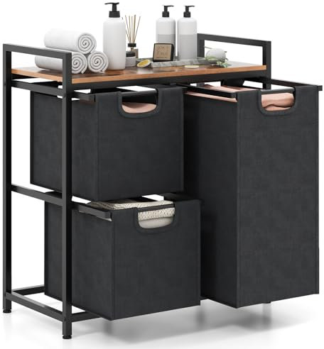 LIFEZEAL Cesto para ropa sucia con 2/3 bolsas extraíbles, cubo clasificador con bolsa de forro extraíble, estructura de acero, para lavandería, baño, dormitorio, marrón rústico y negro (3 bolsas)