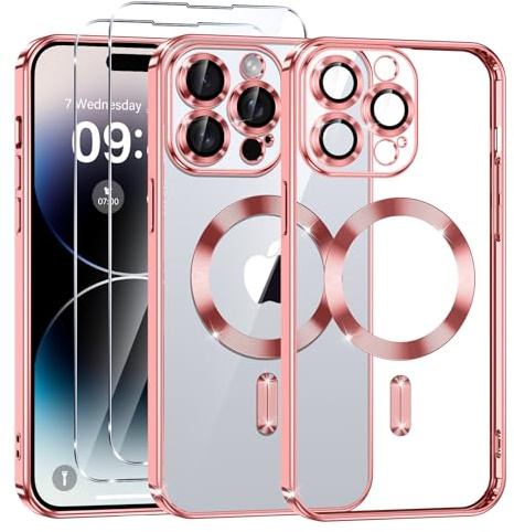 Phoona Cover Placcatura per iPhone 14 Pro 6,1 Pollici, Obiettivo per Fotocamera Protezione Completa e 2 × vetro temperato, Compatibile con MagSafe Ricarica Wireless, Protezione Militare, Rosa