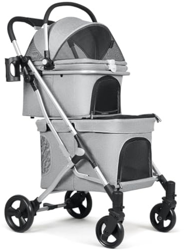 Katzenwagen Hundebuggy Haustier Buggy Zusammenklappbarer Reise-Doppel-Haustier-Kinderwagen Für 2 Hunde Und Katzen, 4-Rad-Hundewagen Mit Abnehmbarem Träger Für Katzen Und Hunde Hundewagen(Color:Grey)