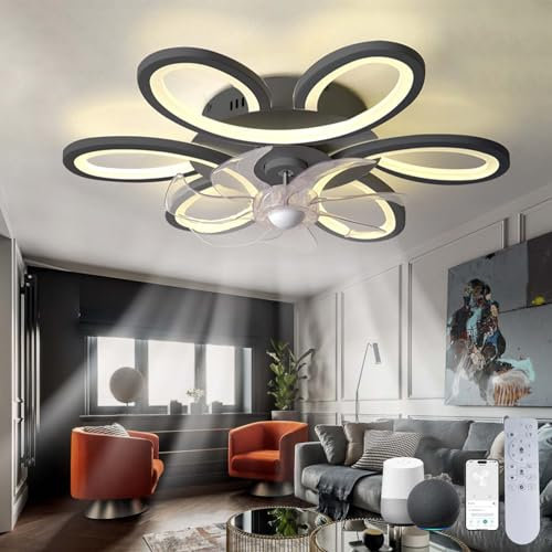 Ventilateur de plafond LED avec éclairage silencieux Alexa Dimmable Lampe à fleurs avec ventilateur pour télécommande de chambre à coucher Plafonnier réversible avec ventilateur intelligent moderne
