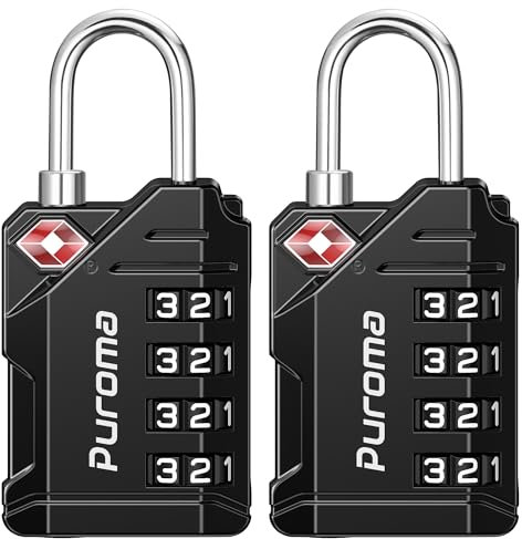 Puroma TSA Approved Travel Luggage Locks, 2 Pack Black 4 Digit Resettable Combination Code Lock with Zinc Alloy Body for Suitcase, Backpack, Laptop Bag, Gym Locker, Toolbox