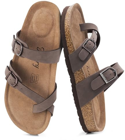FITORY Women's Leather Sandals Comfort Cork Footbed Size 4-9 UK | Ladies Flat Suede Open Toe Slip On Slides, Toe Loop Double Adjustable Buckle Straps, Arch Support Shoes for Summer Walking