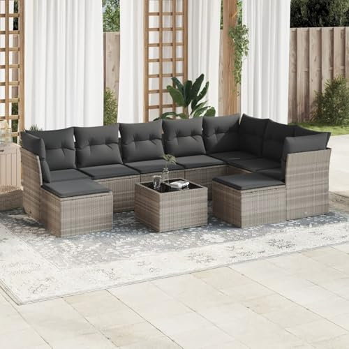 Homgoday Gartenmöbel-Set, 10-teilig, mit Kissen, hellgrau, Polyrattan, Möbeldekor, Set aus Schlafsofa, Wohnzimmer, Couch, modernes Set für Outdoor-Sofas für den Garten, Modell 3218582