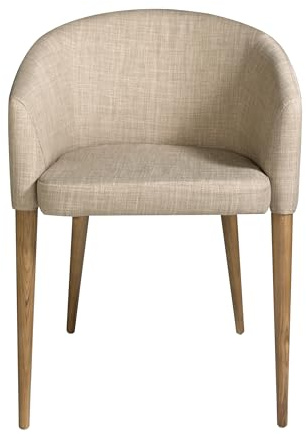Silla comedor tapizada en tela con reposabrazos y estructura de patas en madera de fresno de color nogal.
