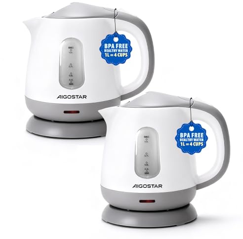 Aigostar Hervidor Agua Electrico Pequeño, Portatil & Compacto, Blanco Gris | 1 Litro, 1100 Vatios, Libre de BPA, Rápido Hervidor de Agua, Apagado Automático, Fácil de Limpiar, 2 Pack