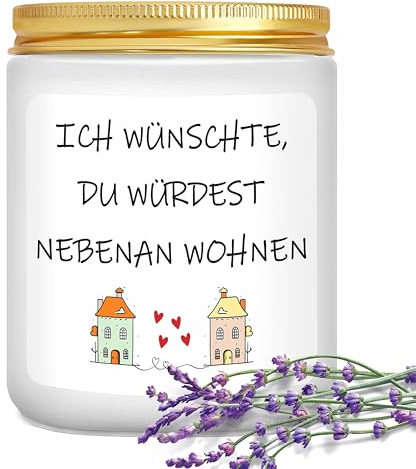 LUXHOMY Geschenke für Freundin - Ich wünschte du würdest nebenan wohnen - Geschenk für beste Freundin, Frauen, Schwester - Geburtstagsgeschenk, Abschiedsgeschenk - Lavendel Duftkerze 200g