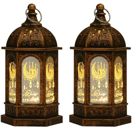 Ramadan Deko Lampe, 2er-Set Mini Eid Mubarak Laterne, Hängend Vintage Mond Stern Deko Licht für Muslimische Festival, Party Deko, Weihnachten, Ramadan, Garten, Balkon