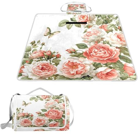 ALAZA Rechteckige, wasserdichte Picknickdecke, Blume, rosa Schmetterling, Pfingstrose, groß, tragbar, faltbar, für den Innenbereich, für Reisen, Wandern, Camping, Park, 150 cm x 145 cm