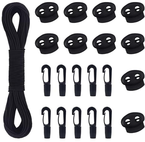 AWBEOT Corda Elastica 3mm x 30m, Tenditore Elastico Nero, Elastico in Gomma, Corde Elastiche con 10 Fermacorda a Molla, 10 Gancio in Plastica, per Teloni, Tende, Trasporto, Lacci, Zaino
