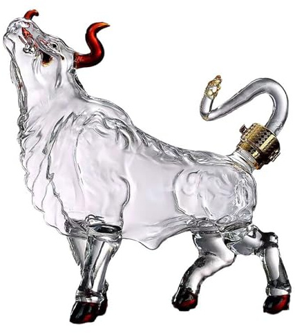 Decanter per whisky a forma di toro, decanter in vetro a forma di animale, 1000 ml, con fibbia placcata oro al collo, adatto per scotch rum tequila