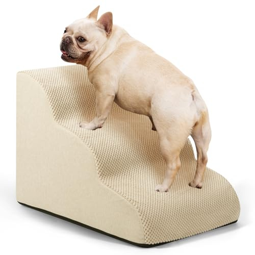 Hunderampe und Treppe für kleine Hunde und Katzen, 3-stufige Haustiertreppe für Couch, Sofa und Stuhl, rutschfeste Hundetreppe für alte Katzen und Welpen, Beige