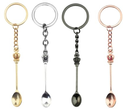 TRACOMPAN 4PCS Mini Spoon Keyring, Tiny Little Spoons Keychain, Mini Crown Spoon with Keyring Teaspoon Necklace Pendant Key Ring, Charm Cute Backpack Pendant for Women Party Favors Accessory