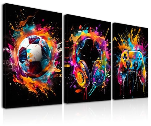 Dazzlewall 3Pcs Gerahmt Graffiti Jungen Zimmer Wandkunst, Bunte Fußball Kopfhörer Gamepad Bilder für Schlafzimmer Teenager Spielzimmer Junge Schlafsaal Wohnkultur 12x16 zoll