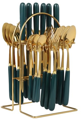 24PCS Cutlery Set with Stand, Stainless Flatware for 6 (Dark Green-B) | Includes Knives Forks Spoons Teaspoons, 6-Person Cutlery Kit with Ceramic Handle, for Family/Restaurant